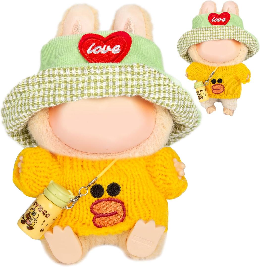3-Piece Doll Clothes Designer Kawaii Knit Sweater Set for 17cm Doll, Cute Doll Outfit with Accessories for Dress-Up or Display - Yellow (No Doll)