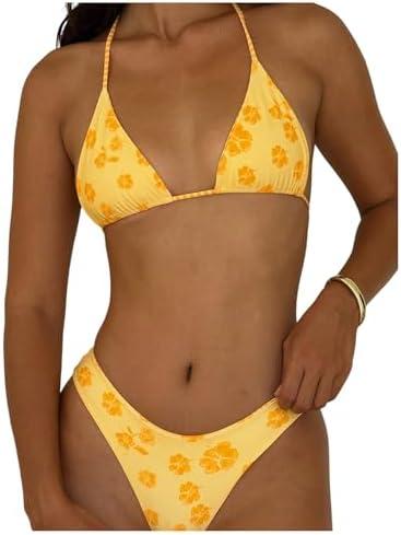 MakeMeChic Women's Halter Triangle Thong Bikini Sets High Cut Swimsuit Bathing Suit Swimwear, Large