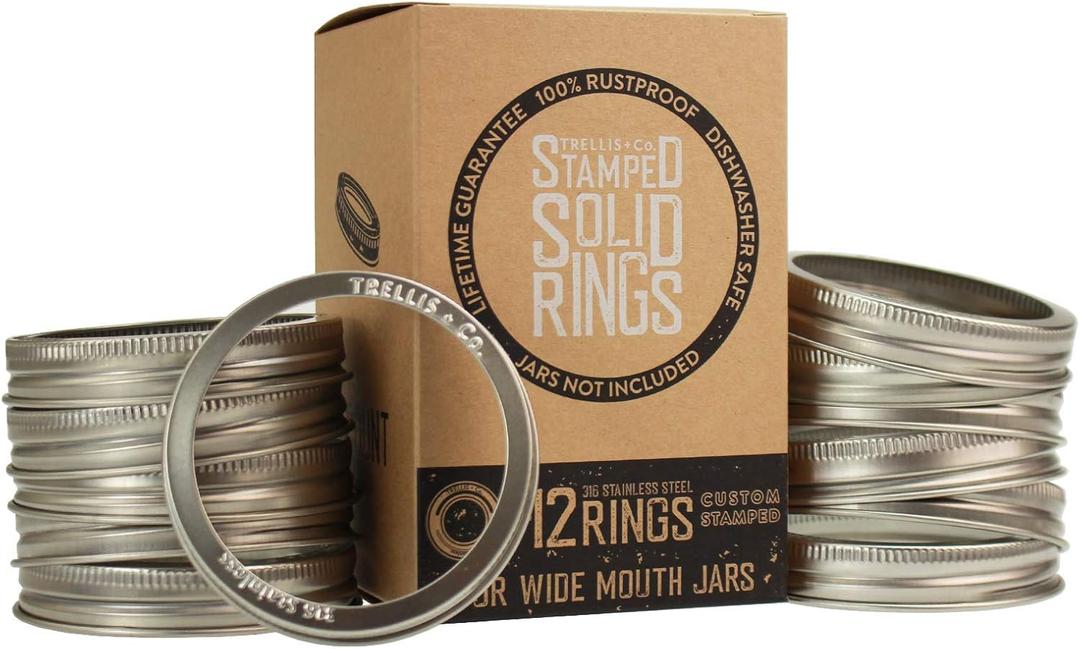 Stamped Stainless Steel Wide Mouth Mason Jar Replacement Rings/Bands/Tops | Durable & Rustproof | for Pickling, Canning, Storage (12 Pack)