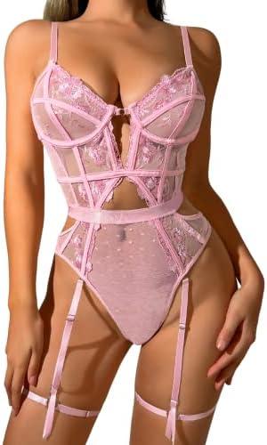 Kaei&Shi Floral Embroidered, Underwire, Removable Garter, Thigh Straps, Backless Bodysuit. Size S