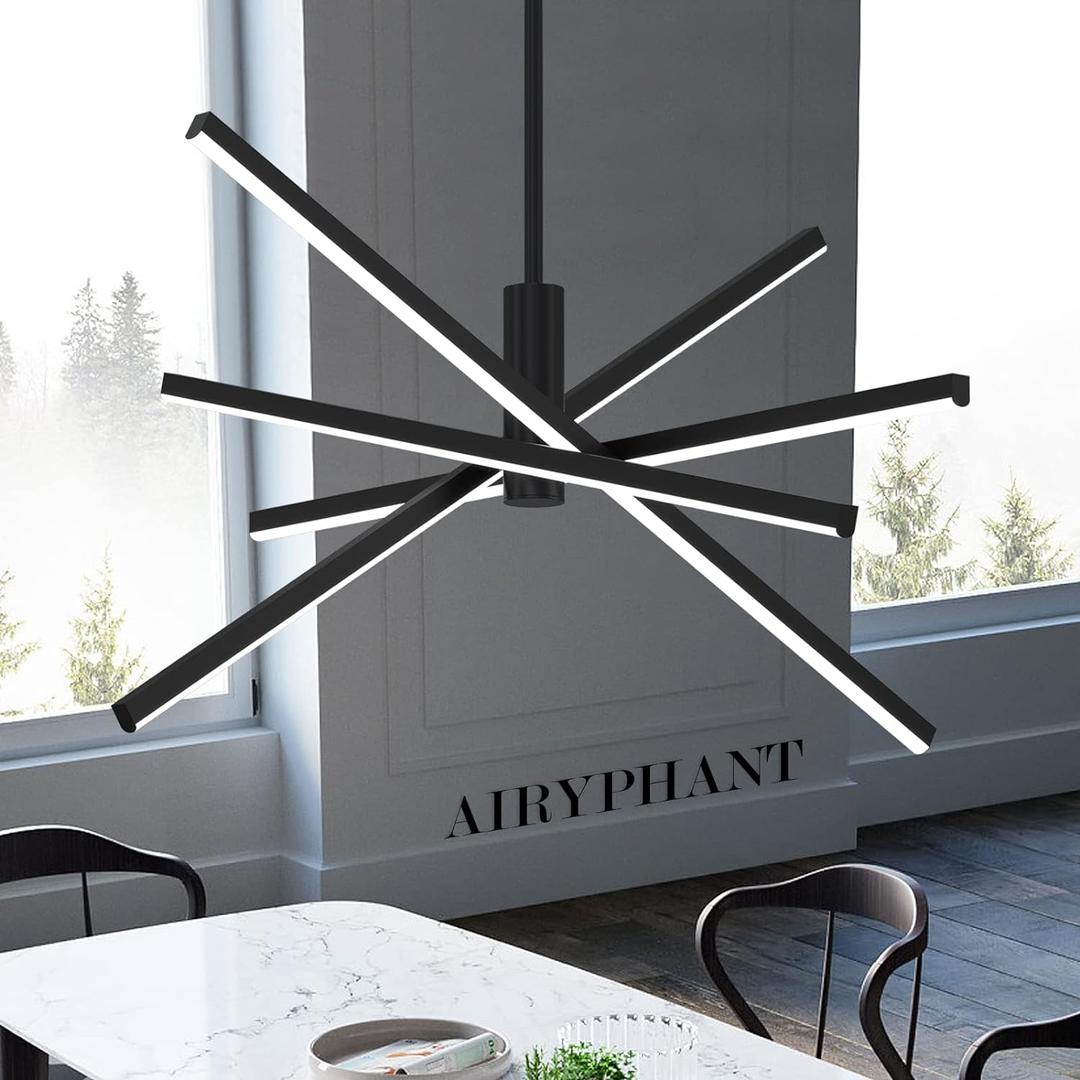 Black LED Chandelier for Dining Room, 27.76in Dimmable 4-Lights Modern Ceiling Pendant Light Fixture for Kitchen Living Room Entry Foyer 3000K/4000K/5000K 24W