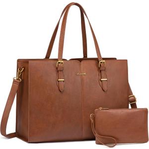 LOVEVOOK Laptop Bag for Women,Vintage Tote Bag for Work,Waterproof Handbags Shoulder Bag,Leather Office Computer Bag (17.3 inch, Light Brown)