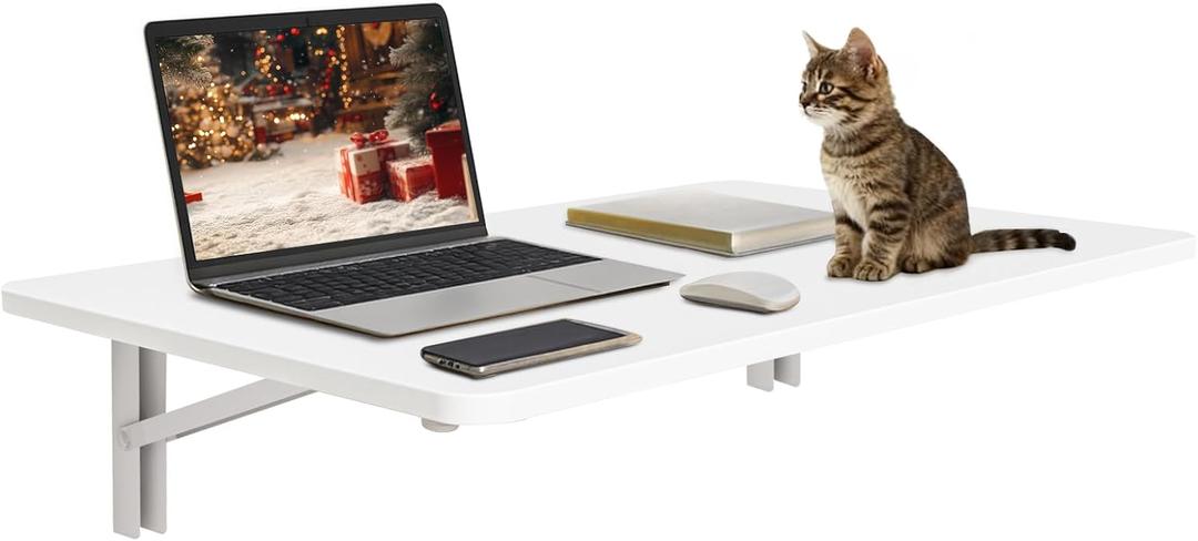 White Wall Mounted Folding Table 23.6"x15.7" Fold Down Wooden Wall Desk for Small Spaces, Floating Laundry Folding Table for Kitchen or Office