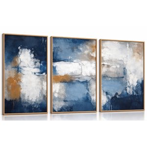 HOURIA Set of 3 Abstract Brush Strokes Framed Canvas Wall Art Set,Navy Blue and Gold Wall Decor,Modern Color Block Shape Artwork,Minimalist Neutral Blue Printing for Living Room,Bedroom, Office 