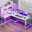 PRAISUN L Shaped Gaming Desk with LED Lights & Power Outlets, Reversible Computer Desk with Storage Shelves & Bag, Large Corner Home Office Desk with Pegboard for Work from Home, White, 51.2 Inch