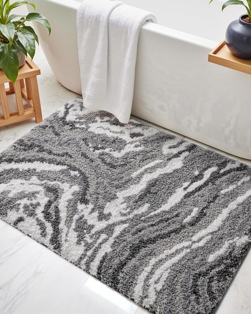 DEXI Bathroom Rug Mat 17x30, Non Slip Machine Washable Marble Bathmat, Absorbent Thick Microfiber Rugs, Soft Plush Carpet for Shower Floor, Tub, Sink, Bath Accessories Decor, Grey and White (1'5" x 2'6" (Rectangular))