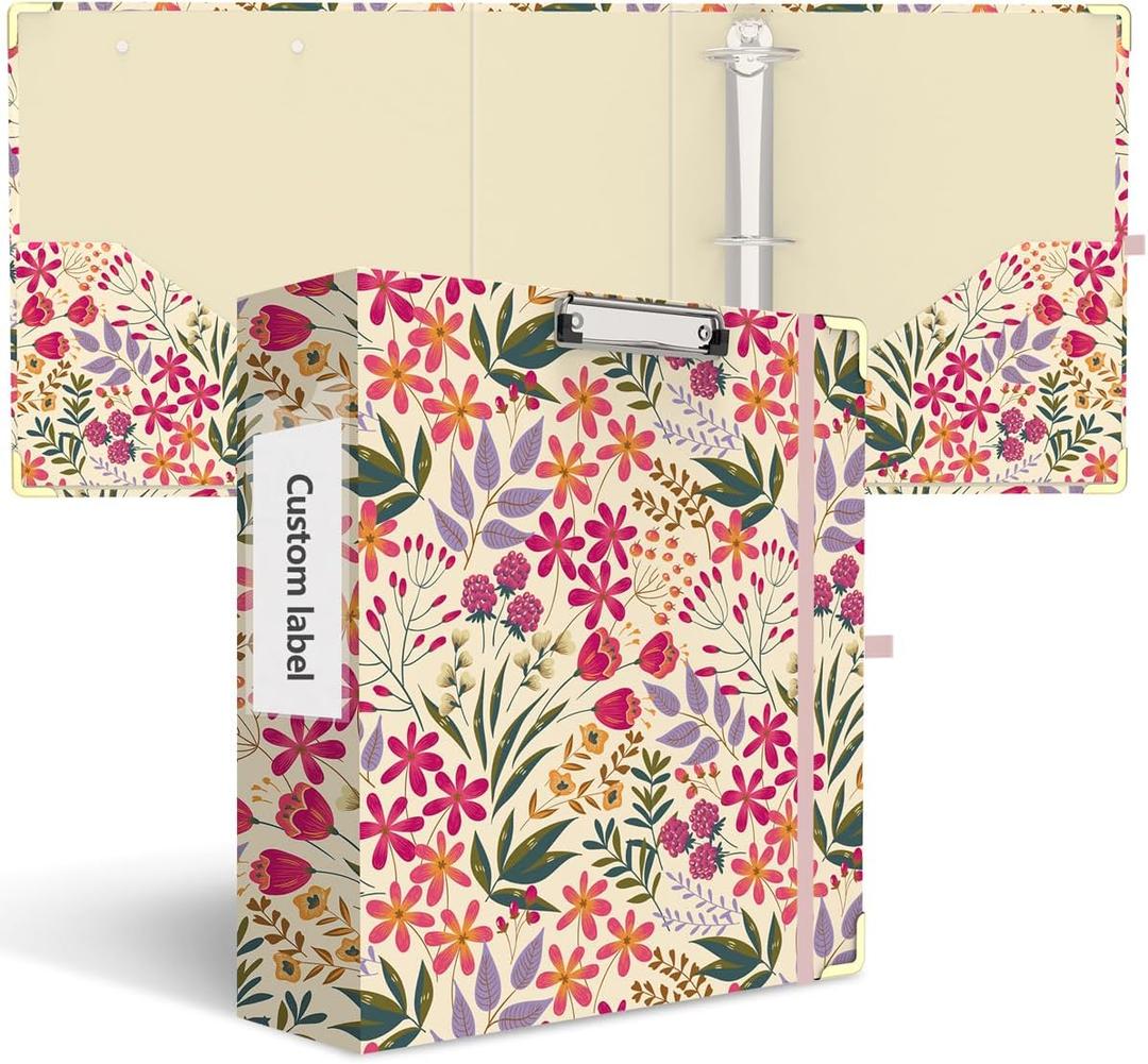 3 Ring Binder 3 Inch, Cute Decorative Hardcover Low Profile Clipboard with Storage, 3'' Round Ring Binders for Letter Size Paper, Durable Binder Organizer for School Office Supplies(Pink Floral)