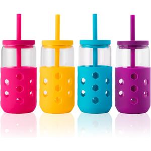Mrsdry Glass Cups with Lids and Straws (4 Pcs), 16oz Drinking Glasses Set with Silicone Sleeves for Coffee Bar Accessories Iced Coffee Cups with Lids, Glass Tumbler Reusable for Gifts
