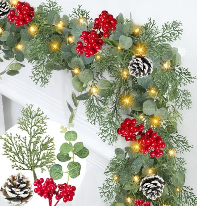 Prelit & Timer - 6 Ft Christmas Garland with Lights, Real Touch Cedar Garland Soft Bendable Eucalyptus Cypress Pine Garland with Pinecone Berry Greenery Christmas Garland for Mantle Fireplace Table