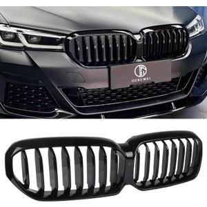 G30 Grille, Single Slat Gloss Black Grill Front Kidney Grille Compatible with BMW 5 Series G30 2021 2022 2023 520i 530i 540i M550i xDrive