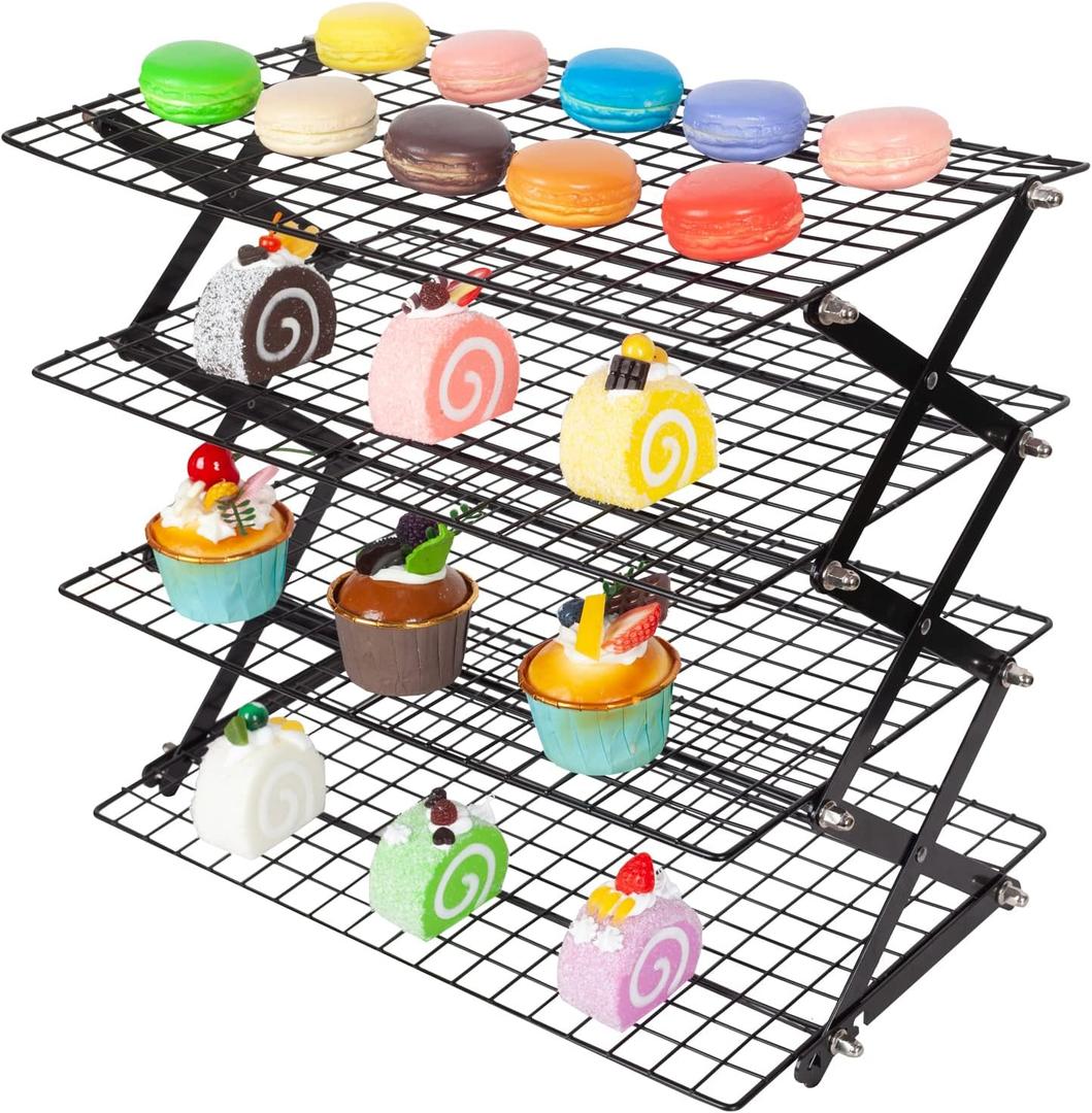 PowerKing Upgraded Collapsible 4-Tier Cooling Rack, Adjustable Stackable Non-Stick Wire Rack for Baking, Roasting, Drying, Cookies, Cakes, Muffins, Space-Saving, Gifts for Baking Enthusiasts