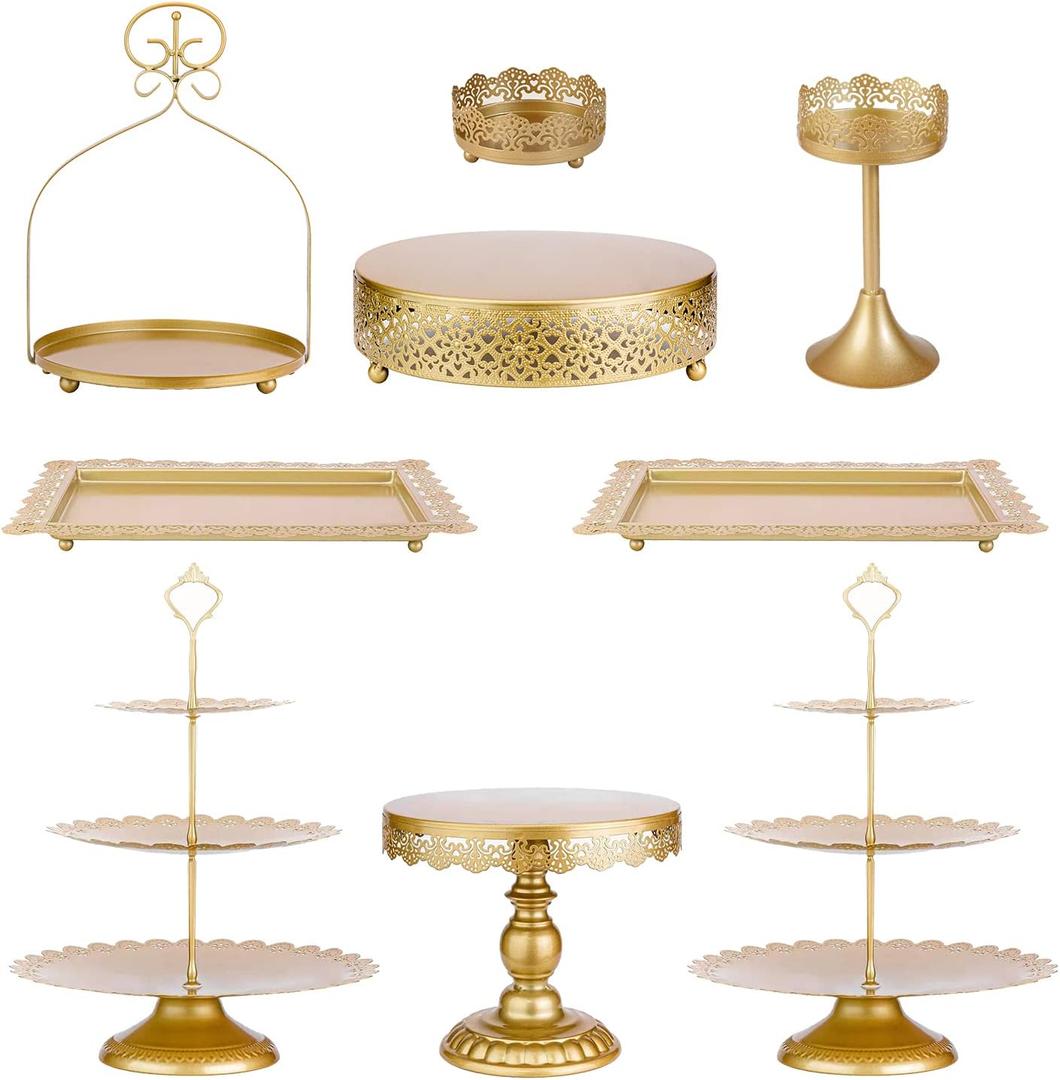 ZUMELER 9Pcs Metal Cake Stands Round Cake Stands Candy Fruite Display Plate Cupcake Serving Tower for Wedding Brithday Party Celebration Home Decoration, Gold