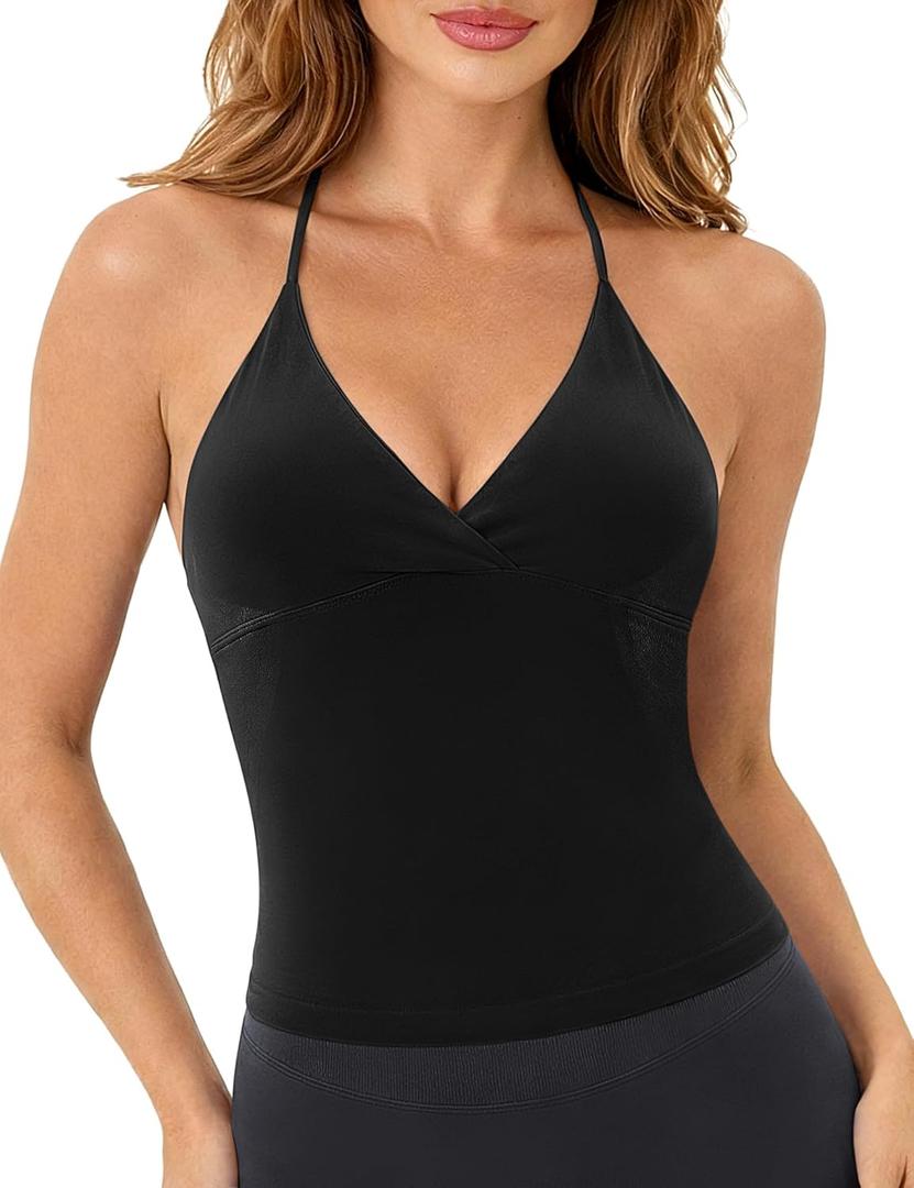 Ieumaz Workout Tank Tops for Women Strappy Back Twist Front Longline Medium Support Gym Yoga Top with Removable Cups (Black, M)