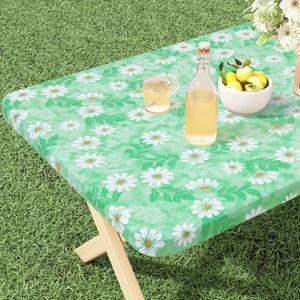 misaya Rectangle Vinyl Tablecloth, Fitted Table Cover, 100% Waterproof, Elastic Edge, Plastic Table Cloth Fit 5 Foot Folding Tables for Camping, Picnic, Outdoor (Green Daisy, 30x60 inch)