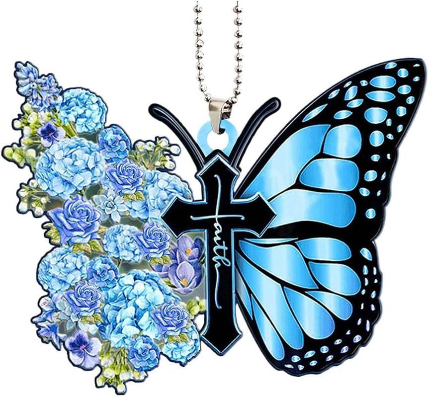 Butterfly Car Rearview Mirror Accessories, Acrylic Hanging Car Rear View Mirror Charm, Lovely Flower Car Ornament Pendant for Home Decoration Keepsake Christmas Valentine's Day Present (Blue)
