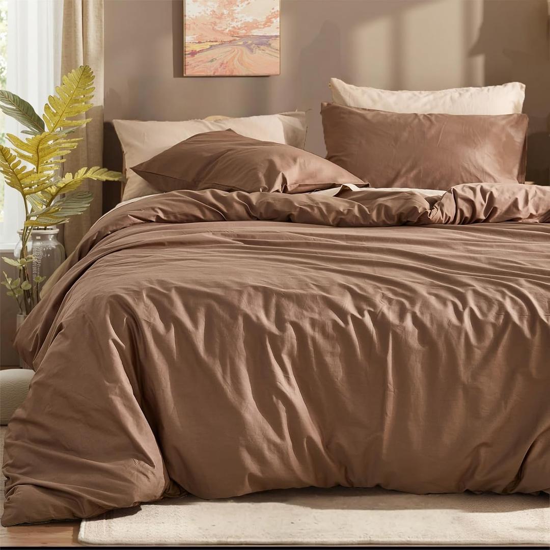 100% Cotton Comforter Set Queen Size  Dark Brown, Linen-Like Texture, Super Soft & Breathable Lightweight Bedding Set, 3-Piece Durable Percale Comforter for All Seasons