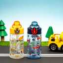Zak Designs Sage Kids Water Bottle For School or Travel, 16oz Durable Plastic Water Bottle With Straw, Handle, and Leak-Proof, Pop-Up Spout Cover, 2-Pack Set (Construction and Rescue)