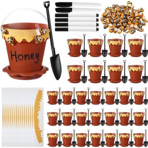 Jingmore 30 Sets Bee Honey Jars Party Favors Bulk, Mini Plastic Bee Theme Honey Jar Pots Decoration with Lids, Dippers and Saucers for DIY Cupcake Dessert Baby Shower Wedding Party Gift Set (Brown)