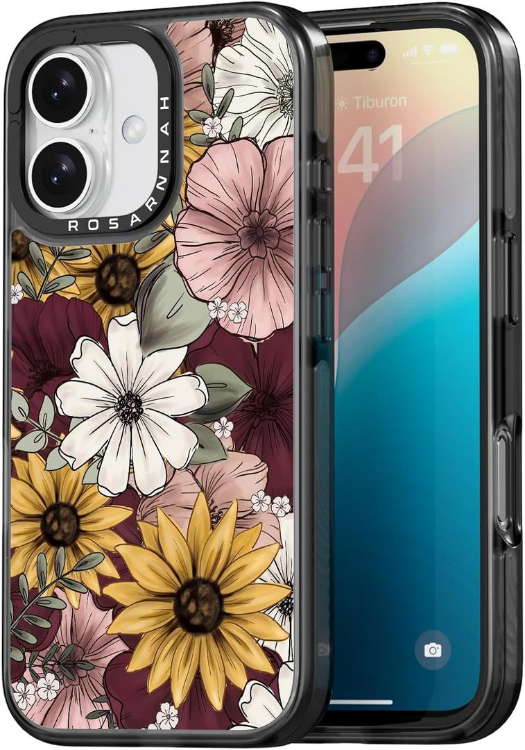 Compatible for iPhone 16 Case Cute - Durable Shockproof 6.6 ft Drop Impact Phone Case - Black Funny Sunflower Design for iPhone 16 6.1"