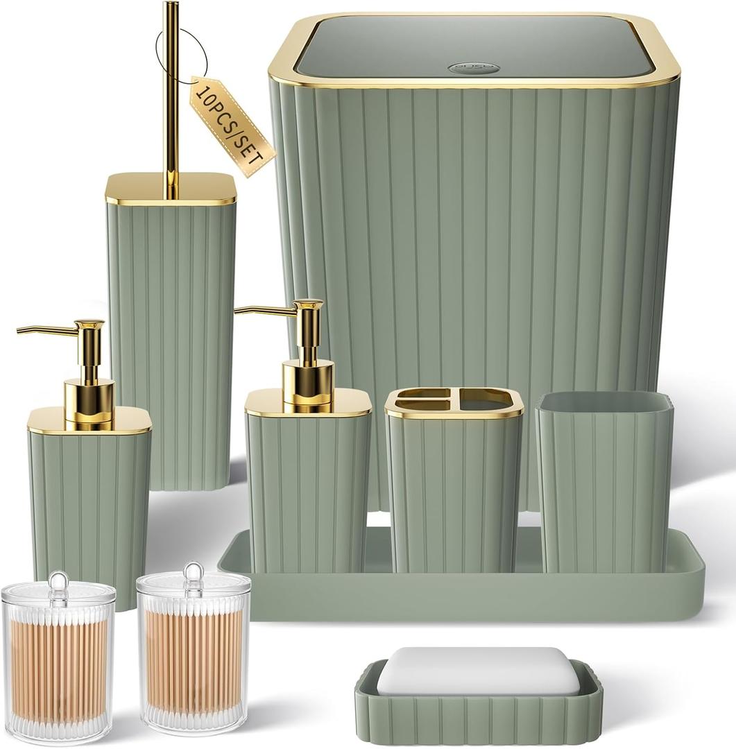 XLHOMO Bathroom Accessories Set - Gorgeous Bathroom Set, 10PC Sage Green Bathroom Accessory Set, Toilet Brush, & Soap Dispenser