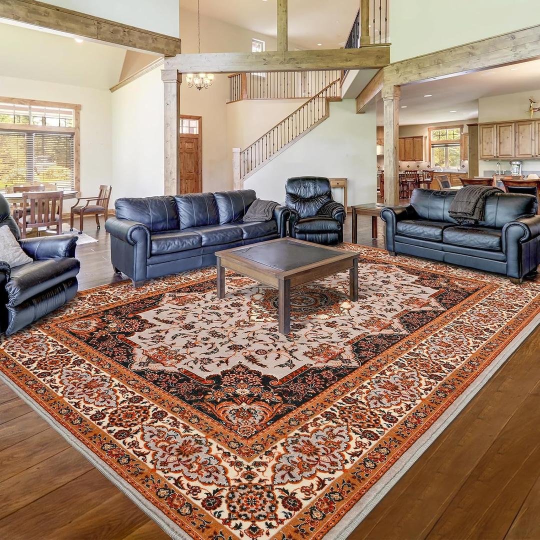Area Rug for Living Room, Machine Washable Boho Rugs for Bedroom, 6x9Ft Non-Slip Vintage Carpet for Office Dining Room Nursery Farmhouse, Orange