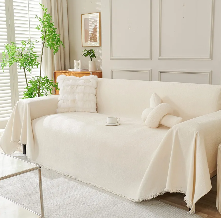 DREAMINGO Sofa Covers Washable Thick Chenille Couch Cover for 3 Cushion Couch Sofa Multi-Use Couch Cover Blanket Modern Pet Furniture Protector Sectional Couch Slipcover 91"x150", Beige White, 71"x102"