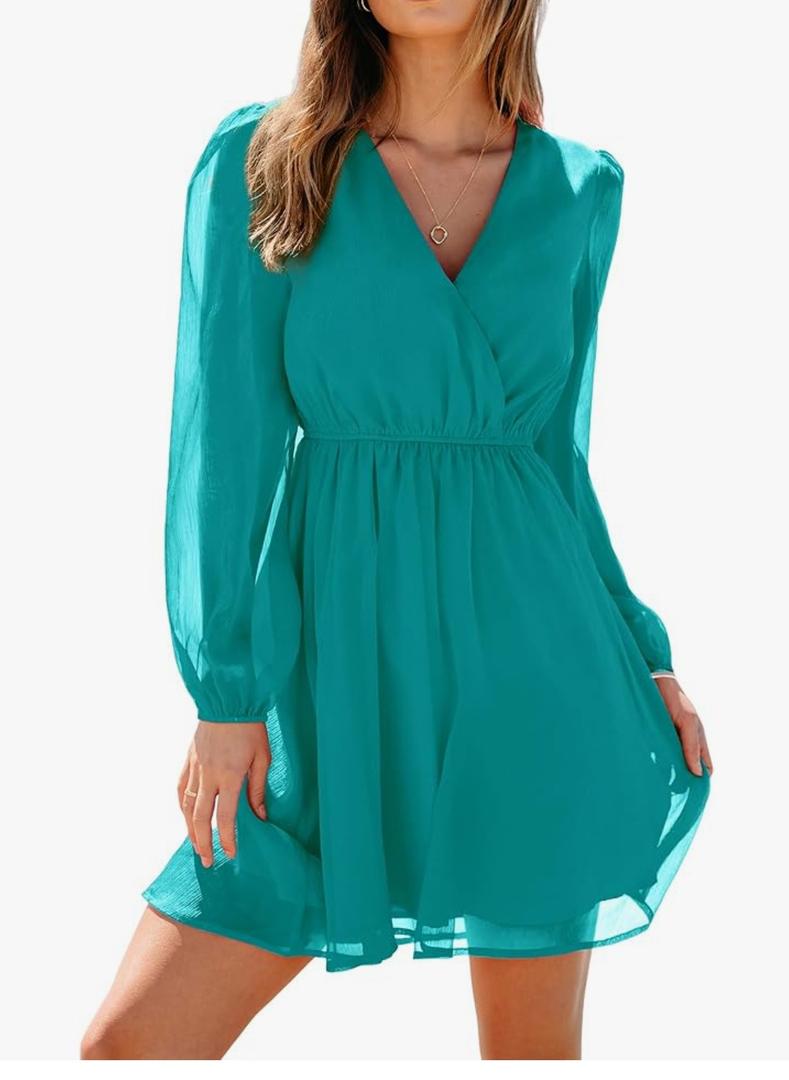 Women's Mini Dresses Casual Spring V Neck Chiffon Long Peasant Sleeves Flowy Autumn Dress, Large