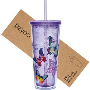 Bzyoo SIP 24oz (710ml) Double Wall Plastic Tumbler with Lid and Straw Cold Drink Travel Mug Reusable Party Cup Perfect for Ice Coffee, Tea Office Poolside Parties Gifts Color: Butterfly Purple