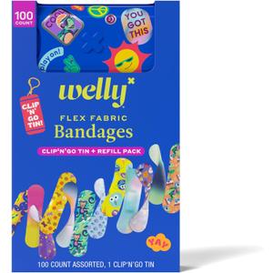 Welly Bandage Clip N' Go Tin & Refill Pack | Adhesive Flexible Fabric Bandages and Tin | Assorted Shapes and Patterns for Minor Cuts, Scrapes, and Wounds - 100 Count