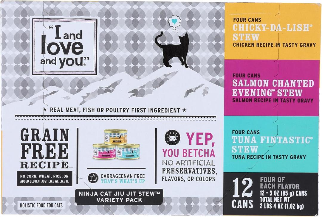 I&Love&You Ninja Cat Jiu JIT Stew Variety Packs Wet Cat Food, Grain Free, Artificial Preservatives Free, 12 Each (Pack of 4), Best By: 11/09/2027