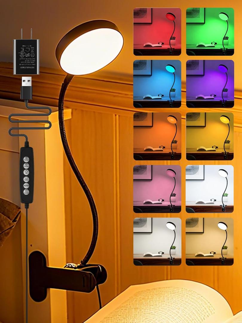 Clip on Light,10 RGB Colors&10 Brightness Clip on Lamp,500LM Bright Reading Light for Bed,Clip on Desk Lamp Reading Lamp with USB Adapte for Bed/Headboard/Bedside/Desk/Puzzle/Craft