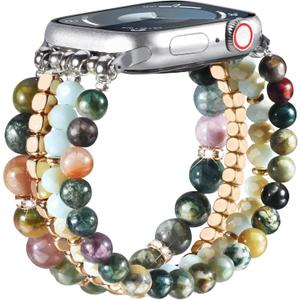 CAGOS Natural Stone Beaded Bracelet Compatible with Apple Watch Band 38mm/40mm/41mm/42mm/44mm/45mm Women Series 9 8 7 SE Series 6 5 4 Fashion Dressy Stretchy Handmade Beads Strap for iPhone iWatch Bands Series 3/2/1 (Aquatic Agate)