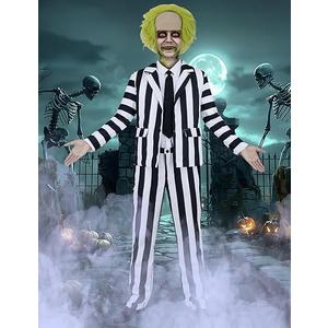DIYLN 8 Pcs Beetle Movie Juice Costume Men Black and White Striped Suit Adult Horror Comedy Character Cosplay Outfit with Wig L (Without Pants)