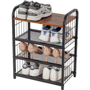 Shoe Rack, 4-Tier Shoe Organizer with Guardrails, Heavy-Duty Metal Mesh Shelves & Rustic Wooden Top for Stylish Closet & Front Door Storage (17.32" X 10.24" X 23.03", Rustic Brown + Black)