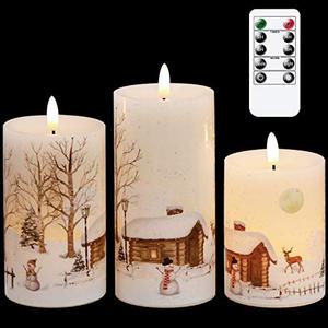 GenSwin Christmas Snowman Battery Operated Candles Flameless Flickering with Remote Timer, 3D Wick Real Wax Led Pillar Candles Warm Light, Christmas Snowman Deer Home Decor Gift(Pack of 3)