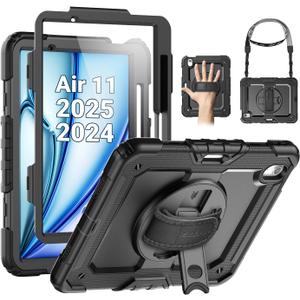SEYMAC Case for iPad Air 11 Inch M3 2025/M2 2024 (Air 7th/6th Generation), Heavy Duty Shockproof Protective Case with Screen Protector, Rotating Stand and Hand/Shoulder Strap, Black