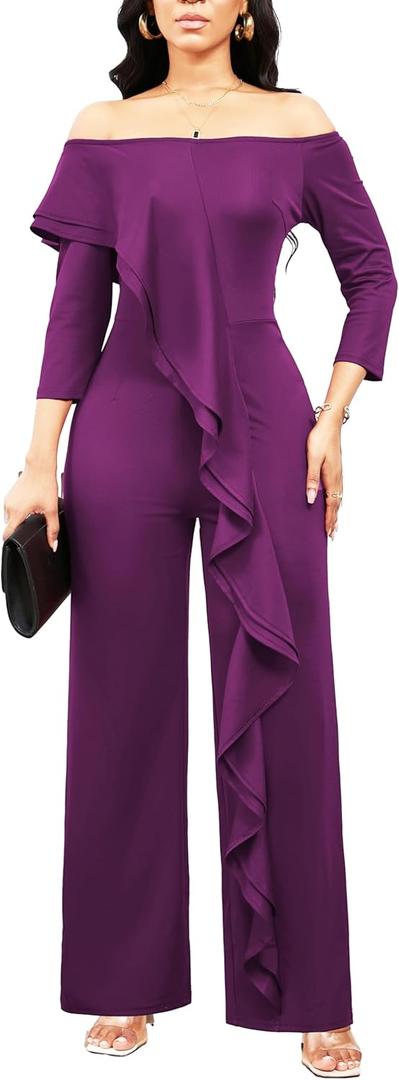 sexycherry Formal Jumpsuit for Women Dressy Elegant Long Straight Pants Jumpsuits for Party Club with Zipper (XX-Large, Purple/Off Shoulder)