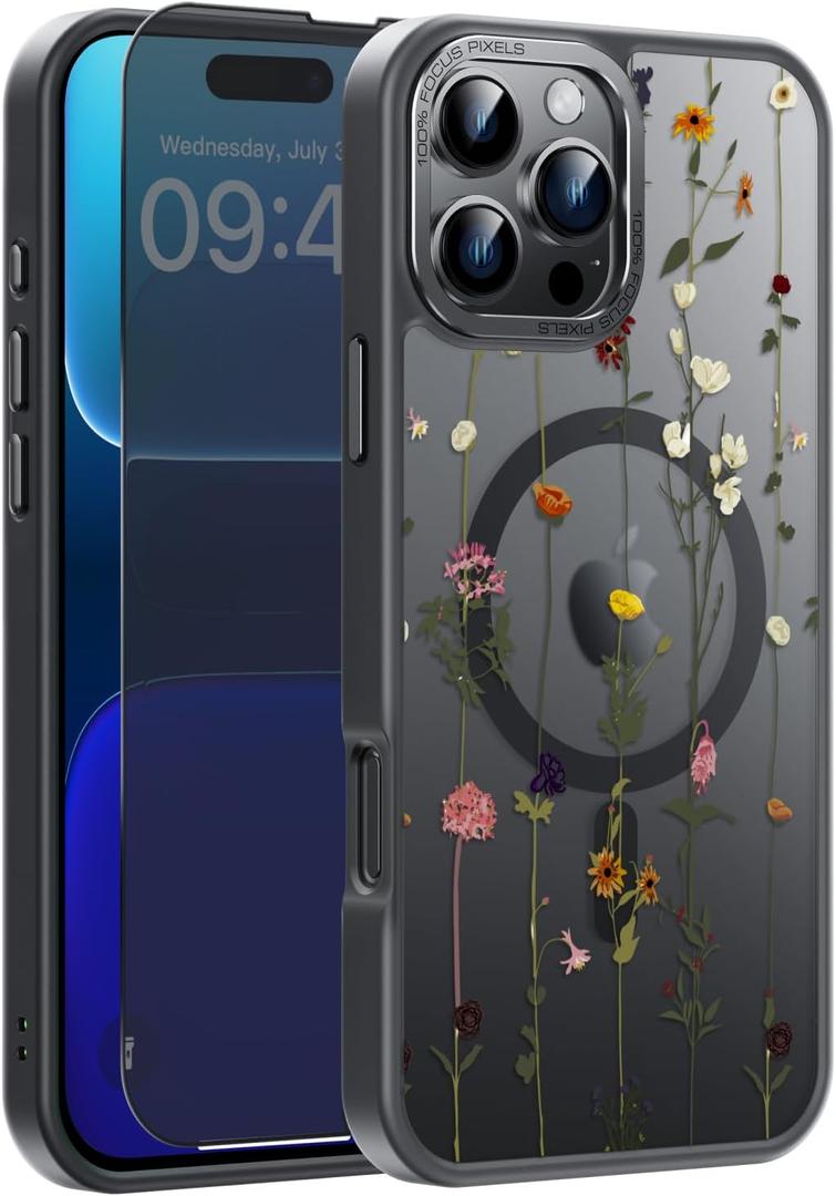 FUNMIKO for iPhone 16 Pro Max Case with Privacy Screen Protector, Wireless Charging Compatible, Shockproof Translucent Matte Cover - Cute Floral Design Phone Case for Women Girls - Elegant Tiny Flower