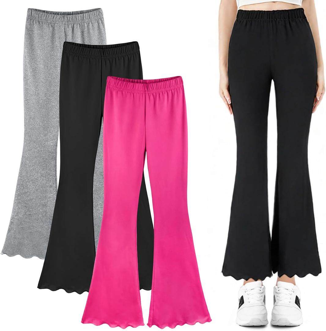 3 Pcs Girls Flare Leggings Mid Waisted Bell Bottom Yoga Pants (12-13 Years, Black/Rose/Gray)
