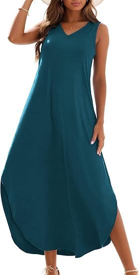 Zilcremo Women's Summer Casual Loose Sundress Long Dress Sleeveless V Neck Split Tshirt Maxi Dresses (XXL, Teal)