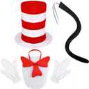 4 Pcs Cat Costume Accessories Set Include Red White Striped High Top Hat Furry Red Bow Tie Black Tail Gloves for Book Week Party Supply