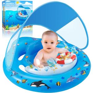 Baby Pool Float with Canopy UPF50+ Sun Protection, Inflatable Kids Pool Floats with Toy Play Console for Baby 6-36 Months, Infant Swimming Float with Adjustable Safety Seat for Boys Girls (blue)