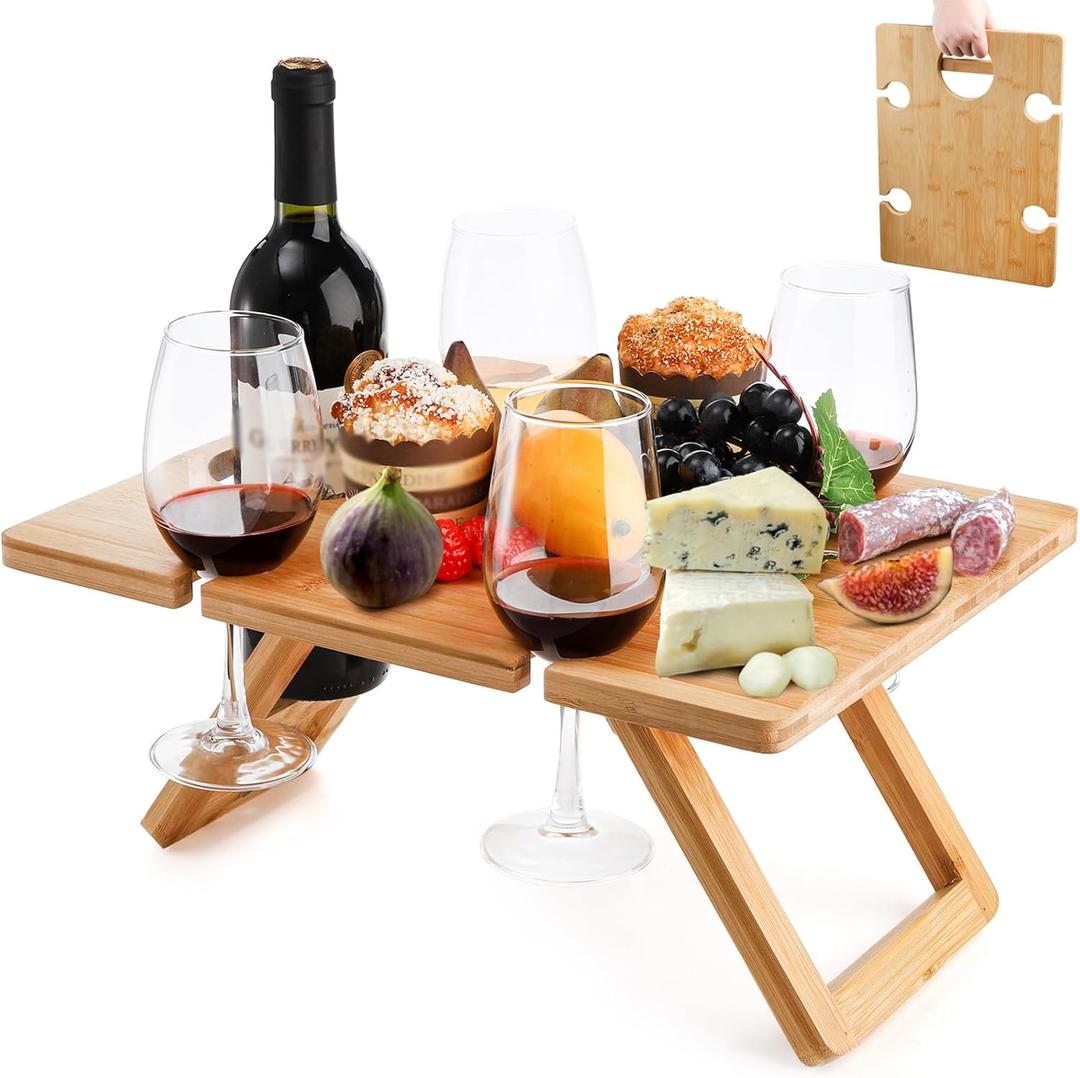 Youeon Portable Picnic Table with 5 Glasses Holder, Foldable Champagne Picnic Snack Table, and Cheese Table for Picnic, Camping, Park, Beach, Lover Gift