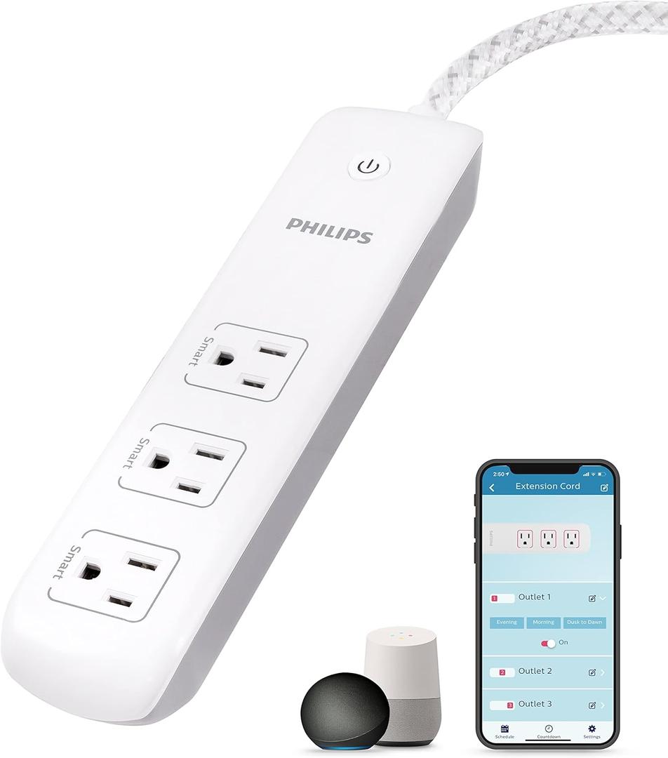 Philips 3 Outlet Smart Wi-Fi Extension Cord, 4 Ft Braided Cord, Individual Control, Compatible with Alexa, Google Home, Bluetooth Set Up, No Hub Required, ETL Listed, White, SPC9034WB/37