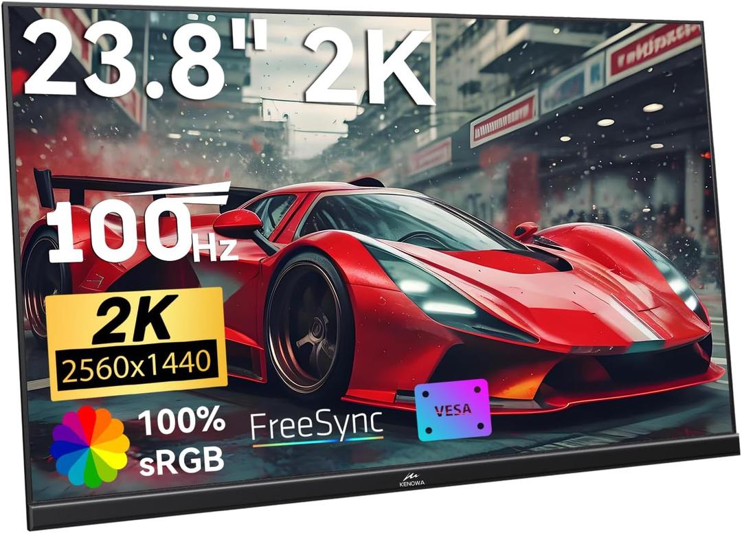 Kenowa 23.8" 2K Large Portable Monitor 100Hz IPS QHD 2560x1440 Freesync Gaming Monitor External Display with Type-C HDMI Dual Speakers Adjustable Stand for PC Computer,Laptop,Mac,Phone,Game Consoles