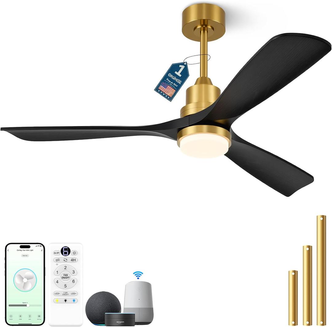 60 inch Smart Ceiling Fan with Lights,Outdoor Ceiling Fan 3 Wood Blades Compatible with Alexa/Gg Voice Control&App&Remote,Quiet DC Motor for Covered Patio Porch Bedroom,Black and Gold