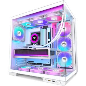 H1 HYXN ATX PC Case - Pre-Installed with 7 PWM ARGB Fans - Dual Cavity Mid-Tower PC Gaming Case - with Type-C - Can Hold up to 3X 360mm heatsinks simultaneously (White, H1)