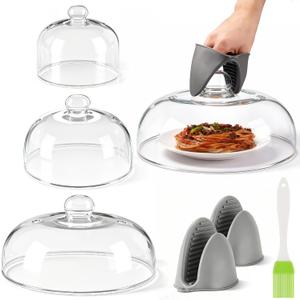 3 Sizes Glass Microwave Splatter Cover for Food, 6/ 8/ 10 Inch, Tall Splatter Guard with Basting Brush Oven Mitts Borosilicate Glass Non Toxic Non Plastic with Vent Hole for Food Dishwasher Safe