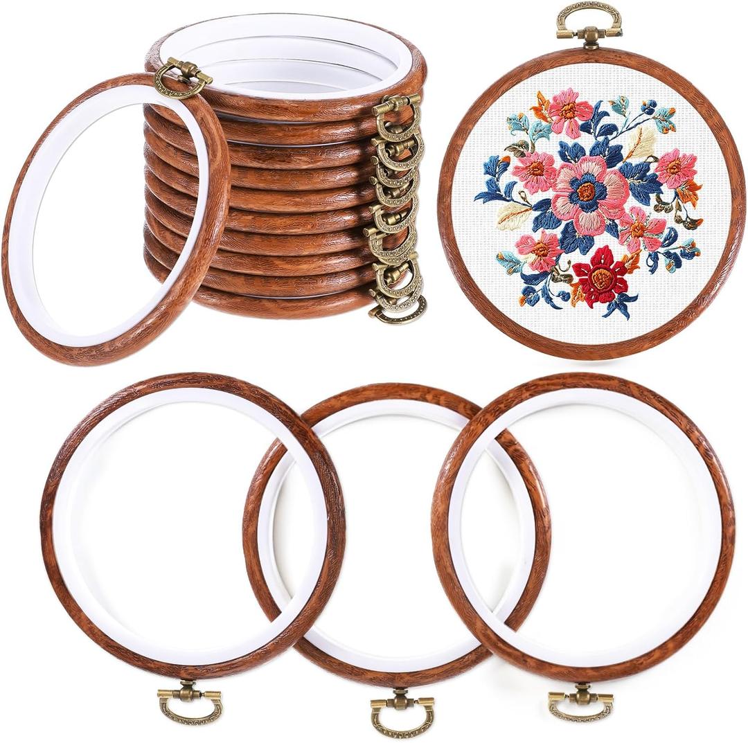 15 PCS 4 Inch Embroidery Hoops, Imitated Wood Circle Frame Cross Stitch Hoop Ring Adjustable Embroidery Hoop Round Embroiderys Hoops for Art Craft Handy Sewing and Christmas Decoration
