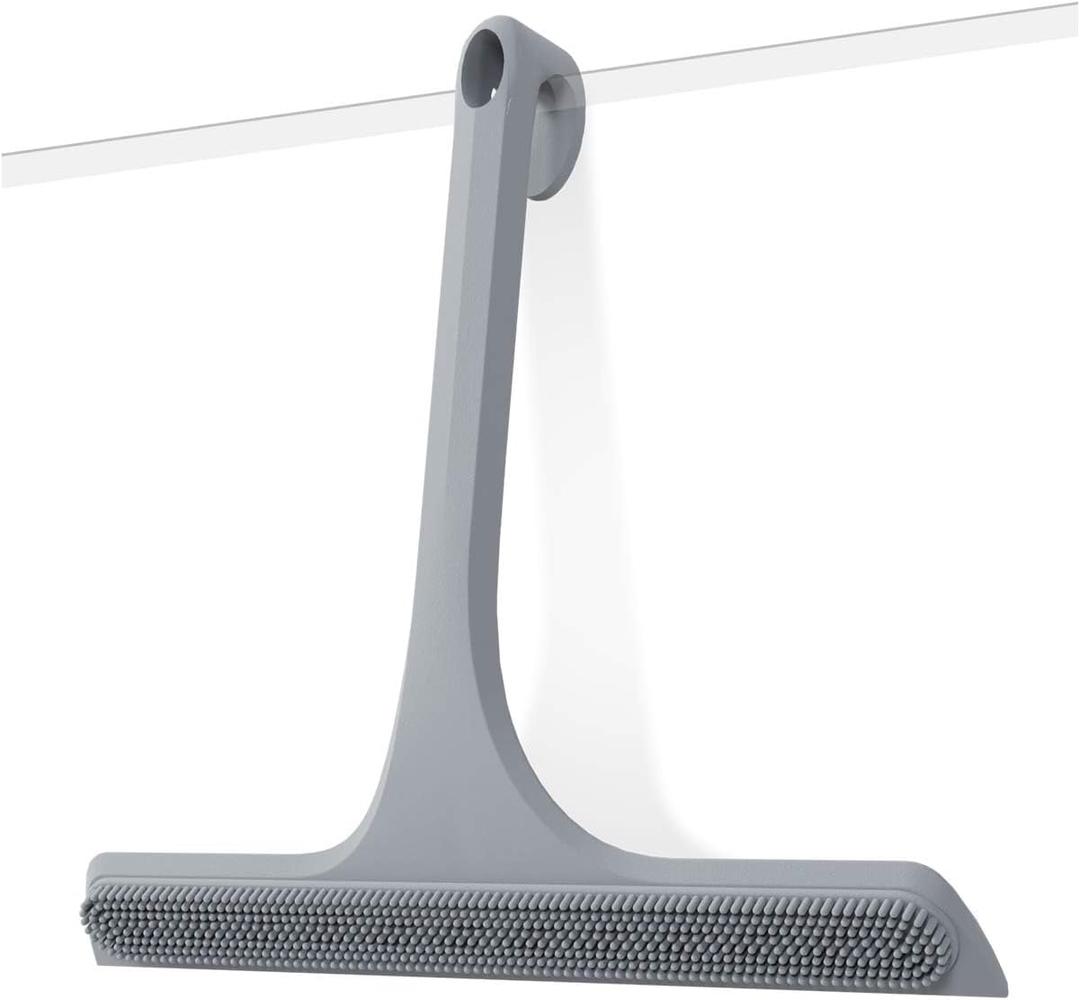 2-in-1 Silicone Shower Squeegee with Hook,Dual-Sided Design with Scraper & Scrub Surface,Rust-Proof Stainless Core,Streak-Free Bathroom Squeegee for Glass Doors,Mirrors,Windows,Car Windshields (Gray)